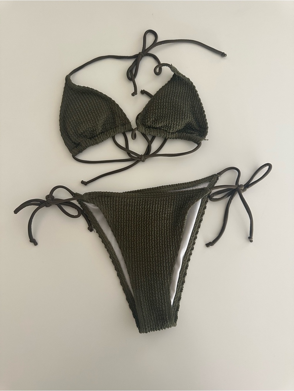 Olive Green Textured Tie-Side Bikini Set